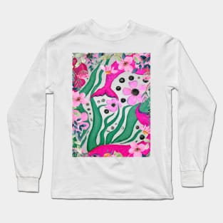 Wonderful Pink Whales Swimming in Botanical Bliss Long Sleeve T-Shirt